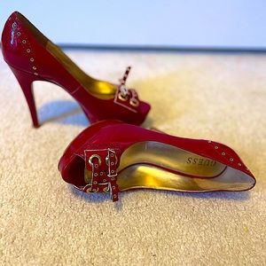 Beautiful buckled red with gold Guess Peep Toe Shoes